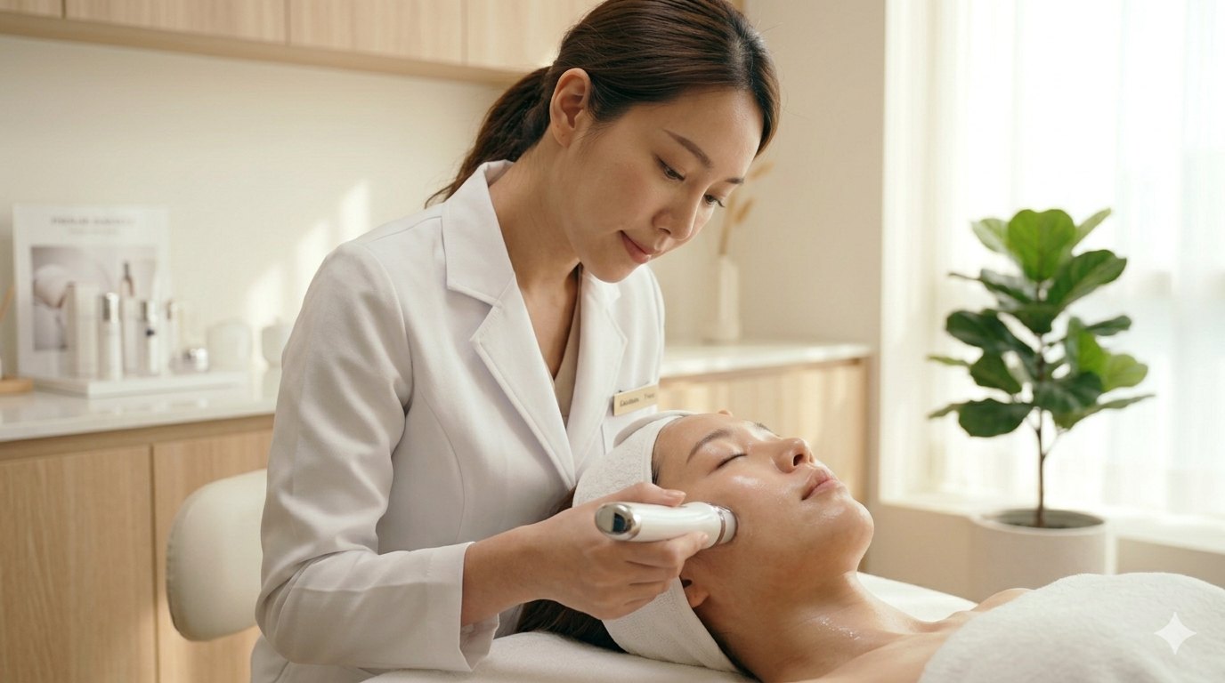 의사가 외국인 고객에게 피부 시술을 하는 모습